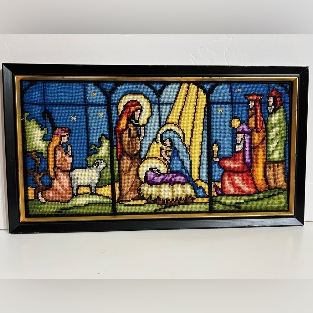 Framed Needlepoint Nativity Scene Christmas Religious Jesus Canvas Tapestry‌‌